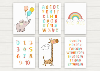 Alphabet, numbers and days of the week with elephant and giraffe