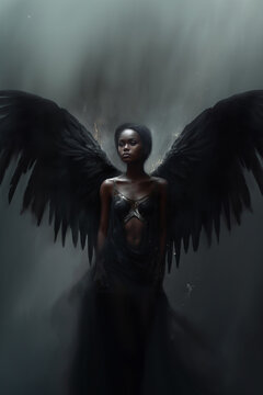 Black angel, woman with wings. AI generation
