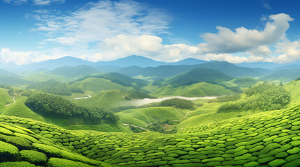 tea plantation against the blue sky in the morning. scenery. Generative Ai.