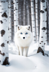 Obraz premium immagine primo piano di volpe artica in una foresta di betulle innevata, luce diurna