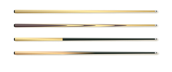 Cues for billiard, snooker realistic templates. Wooden sticks with various design for cuesports. Vector