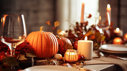 Autumn still life with pumpkins on a wooden table. Generative AI.