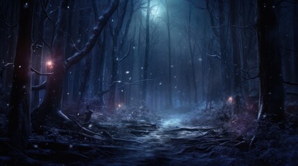 Mystical night, fantasy dark winter forest.