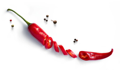 Fresh red chilli pepper and black pepper isolated on white background. Transparent background and natural transparent shadow; Ingredient, spice for cooking. collection for design