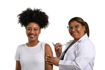 a health worker vaccinates a young girl, they are smiling, white background