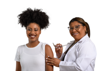 a health worker vaccinates a young girl, they are smiling, white background