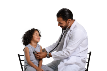 a doctor examines a child with a stethoscope, the doctor looks at the child and smiles the child looks at the doctor and smiles, isolated on a white background