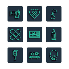 Set line Crutch or crutches, Emergency car, Sore throat, Human broken bone, Monitor with cardiogram, Crossed bandage plaster, Ultrasound and Ointment cream tube medicine icon. Vector