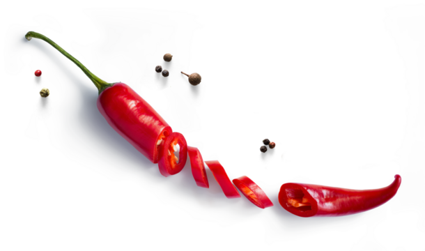 Fresh red chilli pepper and black pepper isolated on white background. Transparent background and natural transparent shadow; Ingredient, spice for cooking. collection for design