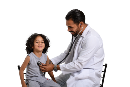 a doctor examines a child with a stethoscope, the doctor looks at the child and smiles the child looks at the camera, isolated on a white background.