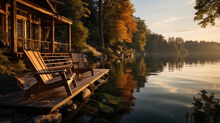 Peaceful lakeside retreat, nature escape, calm waters, wooden dock, relaxation, scenic views, golden hour