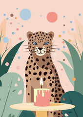 Happy Birthday greeting card vector illustration with cute flat style Leopard character with blue eyes, tasty birthday cake and one candle on tropical flowers background. First birthday party concept.