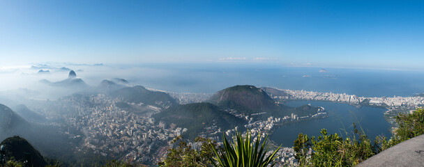 Rio de Janeiro, Brazil: skyline with stunning view of the city in the morning mist seen from the...