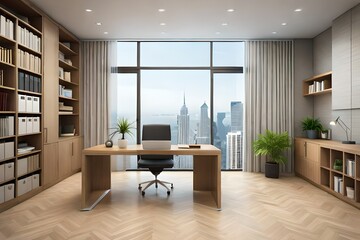 Fototapeta premium modern home office interior with windows built in wooden shelves and laptop placed on desk
