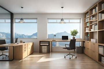 Fototapeta premium modern home office interior with windows built in wooden shelves and laptop placed on desk
