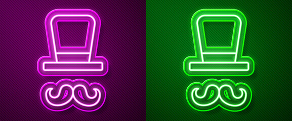 Glowing neon line Magician icon isolated on purple and green background. Vector