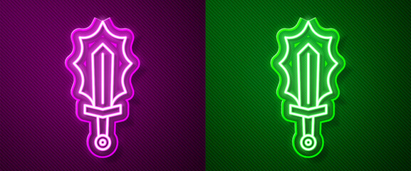 Fototapeta na wymiar Glowing neon line Magic sword in fire icon isolated on purple and green background. Fiery sword. Magic weapon of knight, sorcerer, magician. Fire spell. Burning blade. Vector