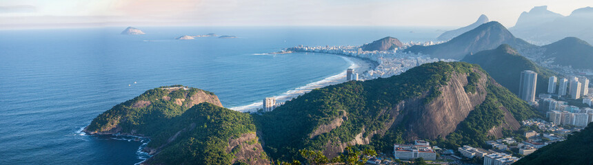 Rio de Janeiro, Brazil: stunning panoramic view of the city skyline from the Sugarloaf Cable Car with mountains, Leme beach and Urca district