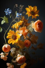 Bouquet of colorful flowers on a dark background. Still life with flowers. Studio photography. Soft focus. 