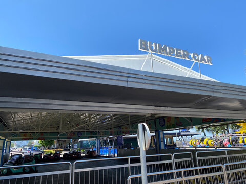 Pasay City, Manila, Philippines - August 15, 2023: Signage logo of Bumper car rides inside the seaside amusement park