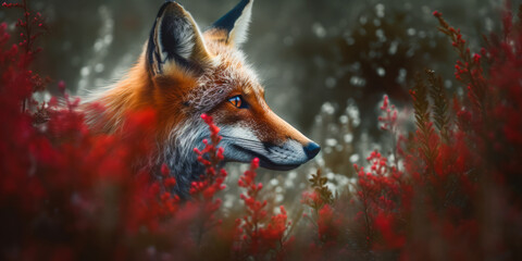 Captivating close-up of a red fox in nature with delicate surrounding red flowers - a striking blend of wildlife beauty and artistic flair.