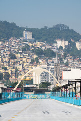 Rio de Janeiro, Brazil: the Sambadrome Marques de Sapucai, where samba schools parade competitively during the Rio Carnival, with view of the Apotheosis Square, both made by Oscar Niemeyer