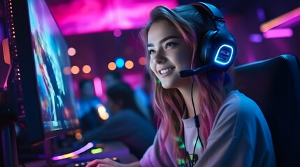 Professional gamer girl with headset play online multiplayer video game on PC - obrazy, fototapety, plakaty