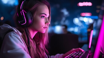 Professional gamer girl with headset play online multiplayer video game on PC - obrazy, fototapety, plakaty