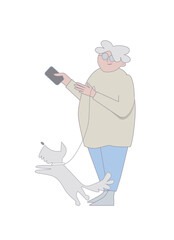 Happy old lady with a dog. Line art. Vector illustration. Isolated on white