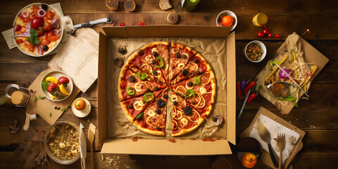 Inviting aerial perspective of pizza delivery box surrounded by diverse spread toppings on rustic wooden background, conveying personalization and flavor variety.