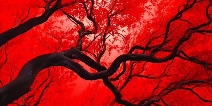Striking abstract image of vivid red tree branches woven into a unique, captivating scene expressing nature's intense color and artistic appeal.