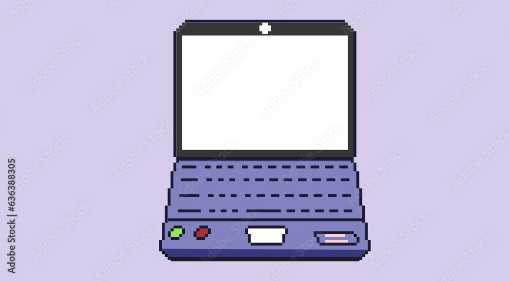 Poster pixelated art of 8bit laptop with white screen on the screen. pixel art game design useful for game 