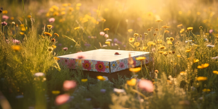 Enchanting picture of a pizza box nestled in stunning flower field, basking in warm sunlight, offers romantic, whimsical take on pizza delivery inducing joy and memories.