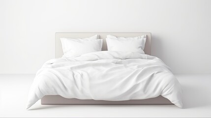 Blank White Bed with Pillows Mockup. Clear Blanket in Bedstead. Double Bed with Mattress and Bedsheet. 3D Rendering for Hotel or Bedchamber: Generative AI
