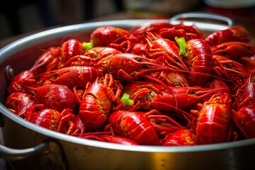 Close-up of Louisiana-style Crawfish Boil with Freshly Cooked and Spiced Crayfish in a Red Dish - Delicious Creole Food Meal: Generative AI