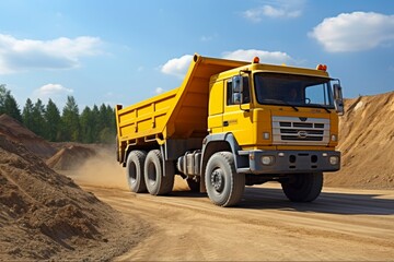 Dump Truck Transporting Material in Construction Site. Heavy Duty Tipper Truck Dumping Gravel in Excavation Area for Building and Mining Industries: Generative AI