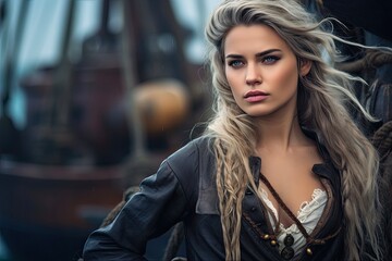 Fototapeta na wymiar Fierce Female Pirate Captain Awaits Her Ship. Gothic Beauty in Pirate Fashion for Halloween Costume. Long Hair, Ready to Sail: Generative AI