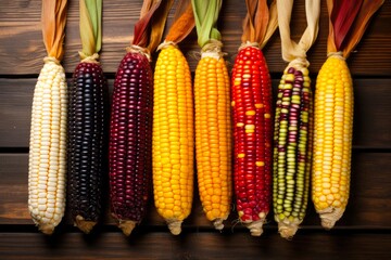 Fall Harvest: Multicolored Indian Corn on a Rustic Wooden Background, Symbolizing the Colors of Autumn in America: Generative AI - obrazy, fototapety, plakaty