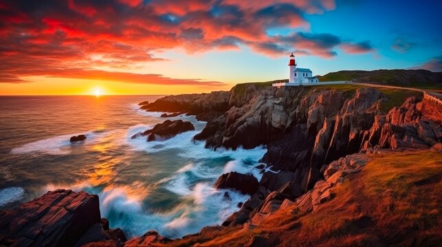 Captivating Sunrise at Cape Spear National Historic Site, St Johns Newfoundland. White Lighthouse Beacon on Rocky Cliff by Coastal Blue Waters. Generative AI
