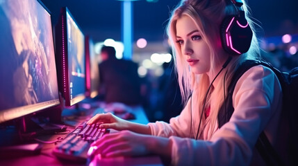 Professional gamer blond girl with headset play online multiplayer video game on PC - obrazy, fototapety, plakaty