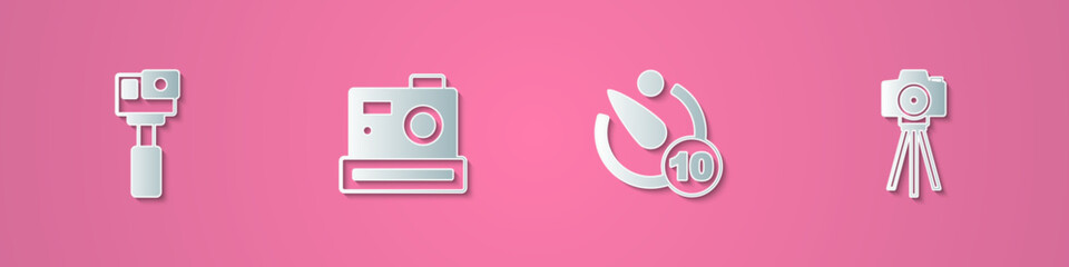 Set paper cut Action camera, Photo, Camera timer and icon. Paper art style. Vector