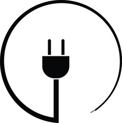 Electrical plug with lighting symbol and cable black vector icon. Plug with wire simple glyph pictogram symbol.