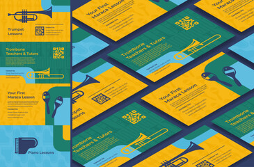 Musical instrument lessons promo business card isometric seamless pattern banner vector illustration