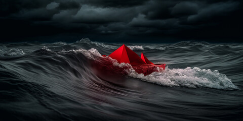 Dramatic representation of resilient red paper boat amid tumultuous dark waves, inspiring audacity and captivating imagination. - obrazy, fototapety, plakaty