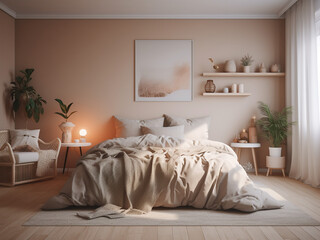 Inviting beige bedroom interior, stylishly designed. AI Generated.