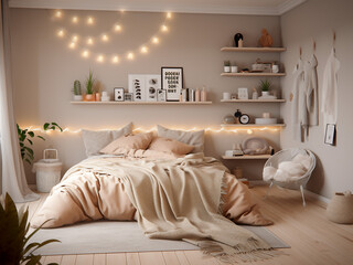 Bright beige bedroom interior with cozy furniture. AI Generated.