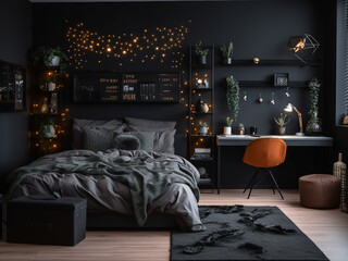 Black bedroom interior boasting a dark, alluring ambiance. AI Generated.