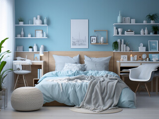 Bright blue bedroom interior with charming furniture. AI Generated.