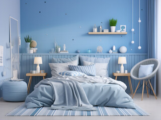Modern blue bedroom interior, creatively designed. AI Generated.