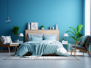 Tranquil blue bedroom interior, adorned with furniture. AI Generated.